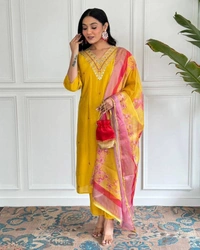 99 Fashion Bazaar Straight Kurti Emboridery Set in Viscose Chanderi Fabric with Printed Dupatta.  - Web Orange, M