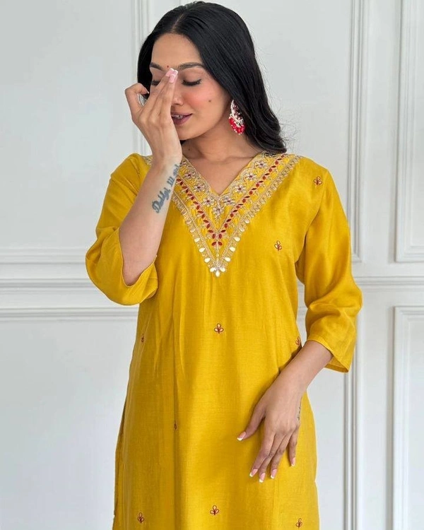 99 Fashion Bazaar Straight Kurti Emboridery Set in Viscose Chanderi Fabric with Printed Dupatta.  - Web Orange, L