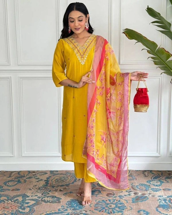 99 Fashion Bazaar Straight Kurti Emboridery Set in Viscose Chanderi Fabric with Printed Dupatta.  - Web Orange, L