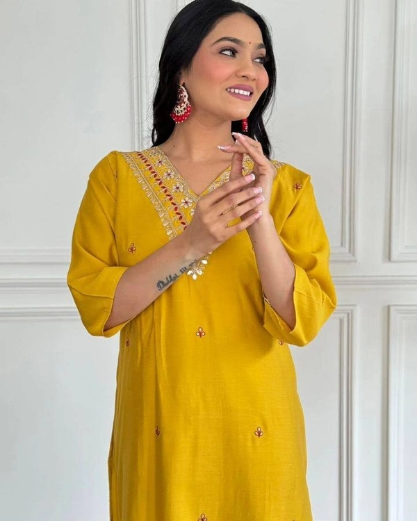 99 Fashion Bazaar Straight Kurti Emboridery Set in Viscose Chanderi Fabric with Printed Dupatta.  - Web Orange, L