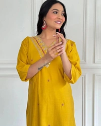 99 Fashion Bazaar Straight Kurti Emboridery Set in Viscose Chanderi Fabric with Printed Dupatta.  - Web Orange, M