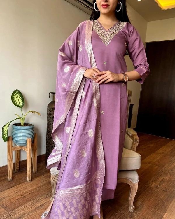 99 Fashion Bazaar Wedding Straight Kurti Set in Silk Chanderi Fabric with Jacquard Dupatta.  - Melanie, S