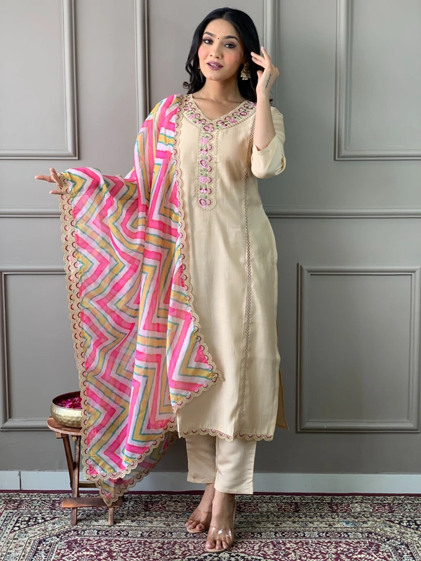 99 Fashion Bazaar Straight Kurti Set in Viscose Chanderi with Embroidery Neck Yoke and Printed Dupatta.  - Thatch, XL