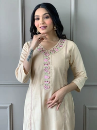 99 Fashion Bazaar Straight Kurti Set in Viscose Chanderi with Embroidery Neck Yoke and Printed Dupatta.  - Thatch, S