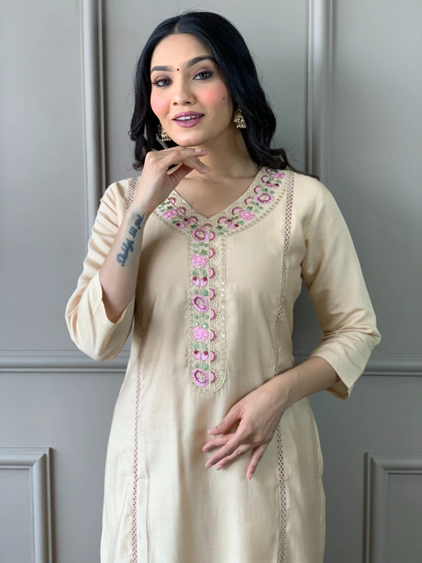 99 Fashion Bazaar Straight Kurti Set in Viscose Chanderi with Embroidery Neck Yoke and Printed Dupatta.  - Thatch, S