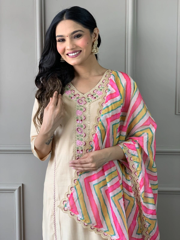 99 Fashion Bazaar Straight Kurti Set in Viscose Chanderi with Embroidery Neck Yoke and Printed Dupatta.  - Thatch, S
