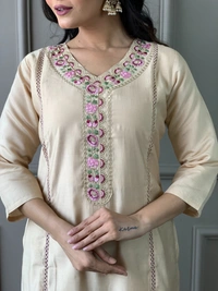99 Fashion Bazaar Straight Kurti Set in Viscose Chanderi with Embroidery Neck Yoke and Printed Dupatta.  - Thatch, XL