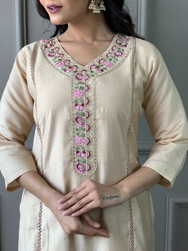 99 Fashion Bazaar Straight Kurti Set in Viscose Chanderi with Embroidery Neck Yoke and Printed Dupatta.  - Thatch, XL
