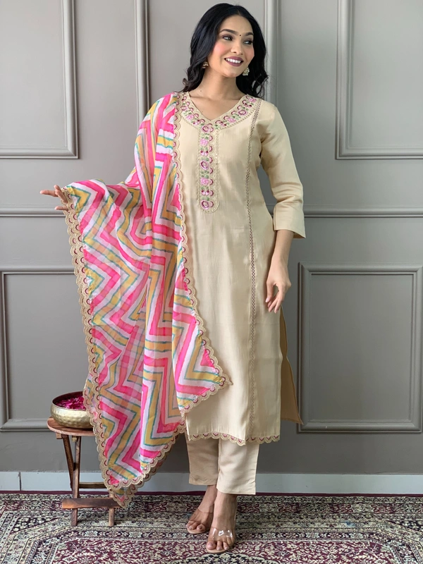 99 Fashion Bazaar Straight Kurti Set in Viscose Chanderi with Embroidery Neck Yoke and Printed Dupatta.  - Thatch, S