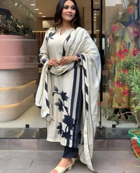 99 Fashion Bazaar Printed Straight Kurti Set in Maslin with Beatiful Printed Dupatta.  - Wild Sand, XXL