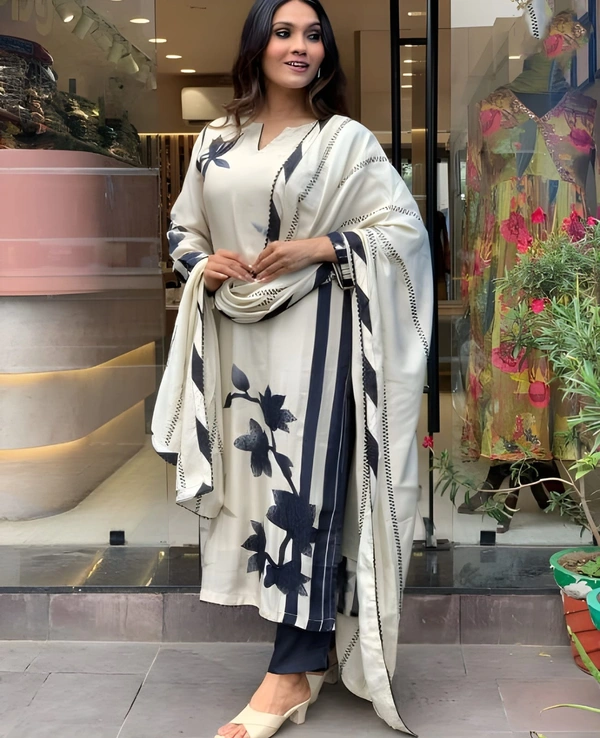 99 Fashion Bazaar Printed Straight Kurti Set in Maslin with Beatiful Printed Dupatta.  - Wild Sand, XXL