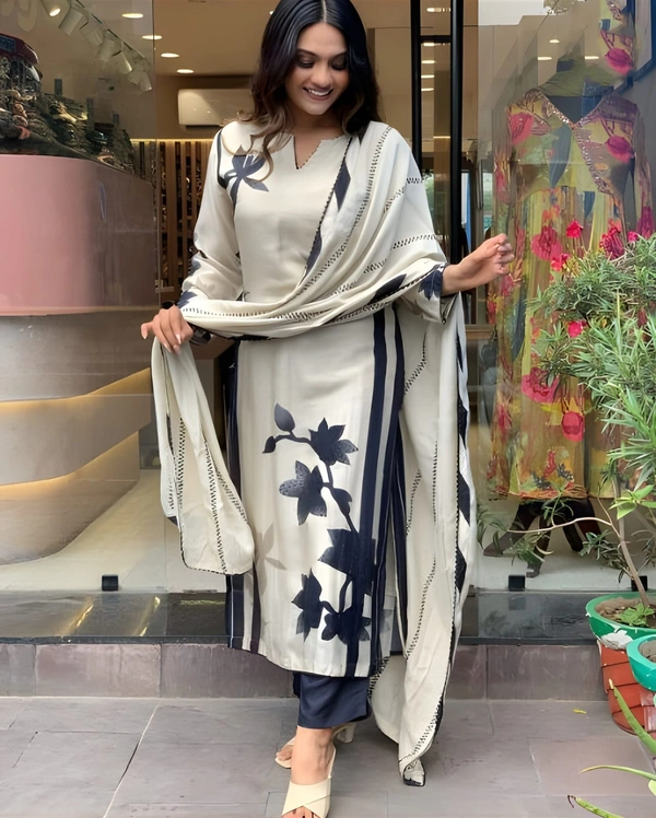 99 Fashion Bazaar Printed Straight Kurti Set in Maslin with Beatiful Printed Dupatta.  - Wild Sand, XXL