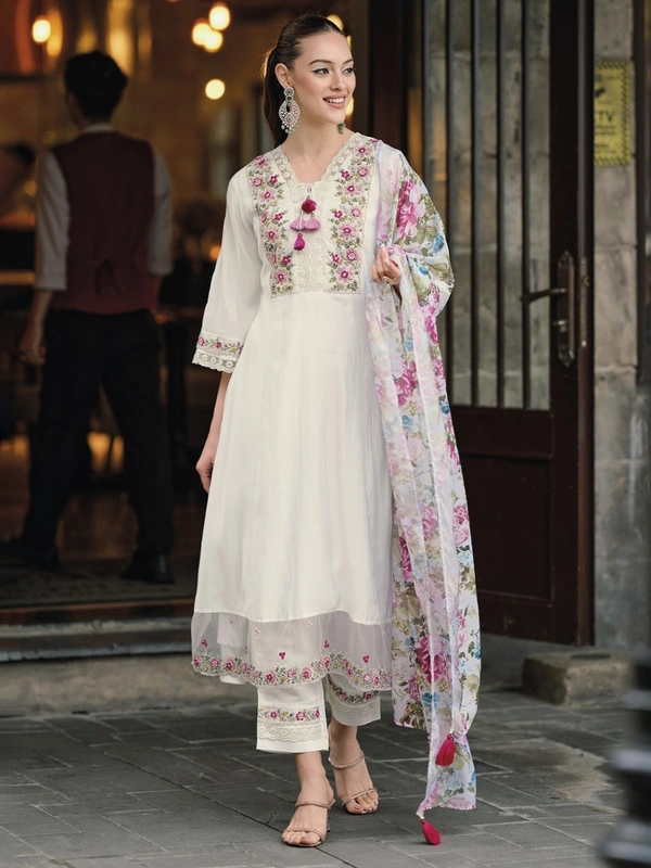 99 Fashion Bazaar Women's Heavy Emboridered A-Line Kurti Set in Chanderi Fabric with Dupatta.  - Gray Nurse, XXL