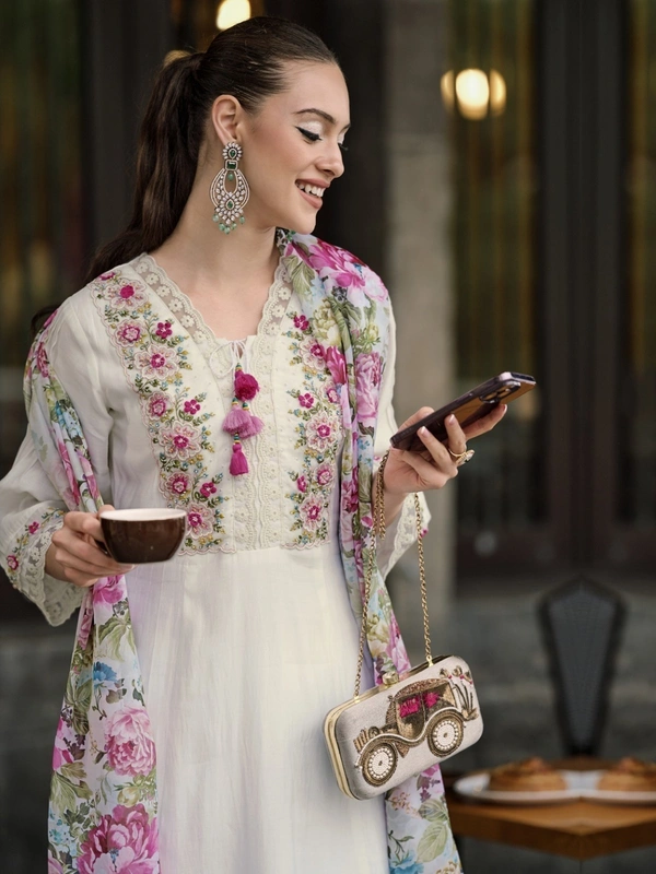 99 Fashion Bazaar Women's Heavy Emboridered A-Line Kurti Set in Chanderi Fabric with Dupatta.  - Gray Nurse, XXL