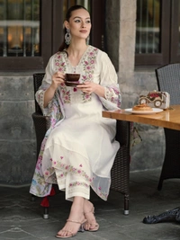 99 Fashion Bazaar Women's Heavy Emboridered A-Line Kurti Set in Chanderi Fabric with Dupatta.  - Gray Nurse, XXL
