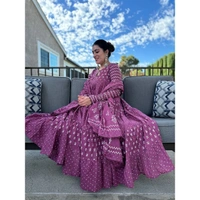 99 Fashion Bazaar Printed Peach Colour Flaired Gown Set With Dupatta  - Can Can, XXL