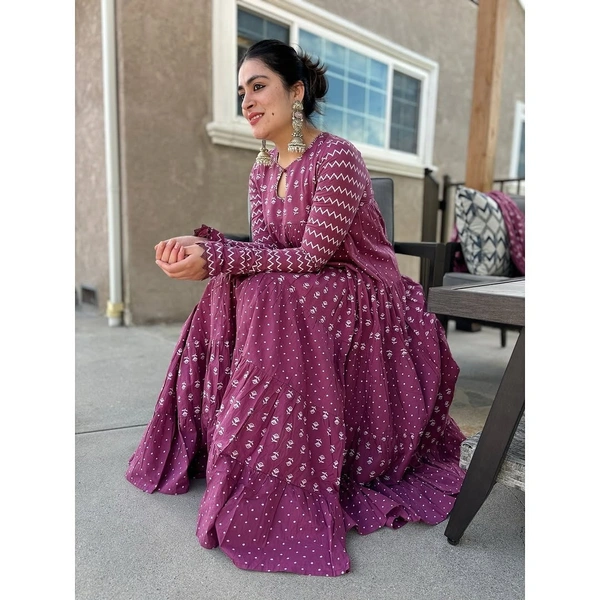 99 Fashion Bazaar Printed Peach Colour Flaired Gown Set With Dupatta  - Can Can, XXL