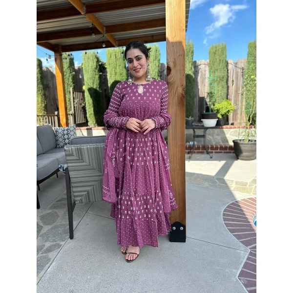 99 Fashion Bazaar Printed Peach Colour Flaired Gown Set With Dupatta  - Can Can, XXL