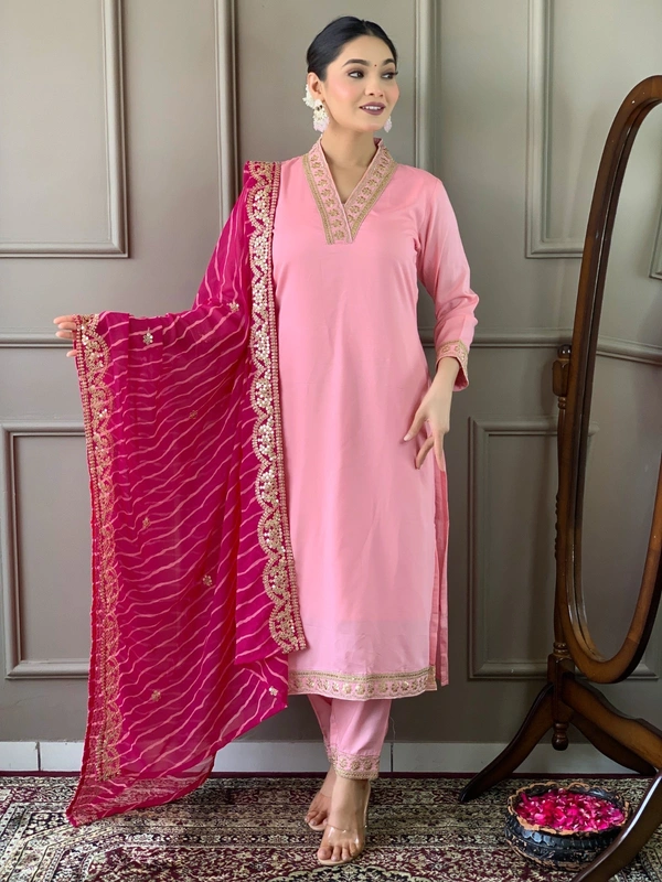 99 Fashion Bazaar Women Embroidered Viscose Silk Blend kurta Pant Dupatta set - Wild Watermelon, L
