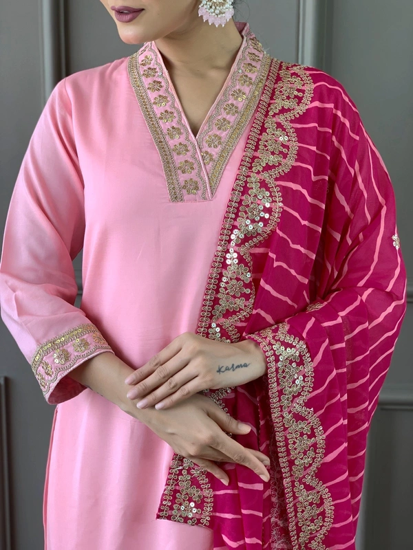 99 Fashion Bazaar Women Embroidered Viscose Silk Blend kurta Pant Dupatta set - Wild Watermelon, XXL