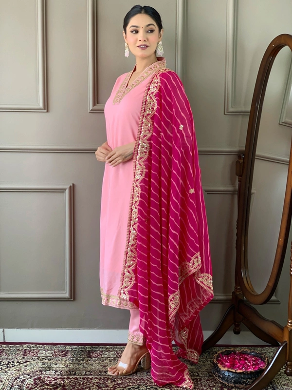 99 Fashion Bazaar Women Embroidered Viscose Silk Blend kurta Pant Dupatta set - Wild Watermelon, L