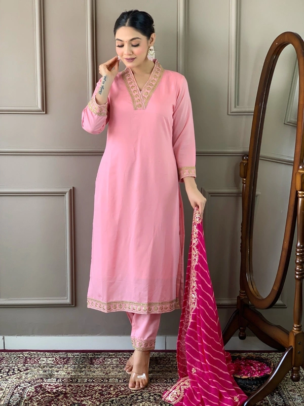 99 Fashion Bazaar Women Embroidered Viscose Silk Blend kurta Pant Dupatta set - Wild Watermelon, L