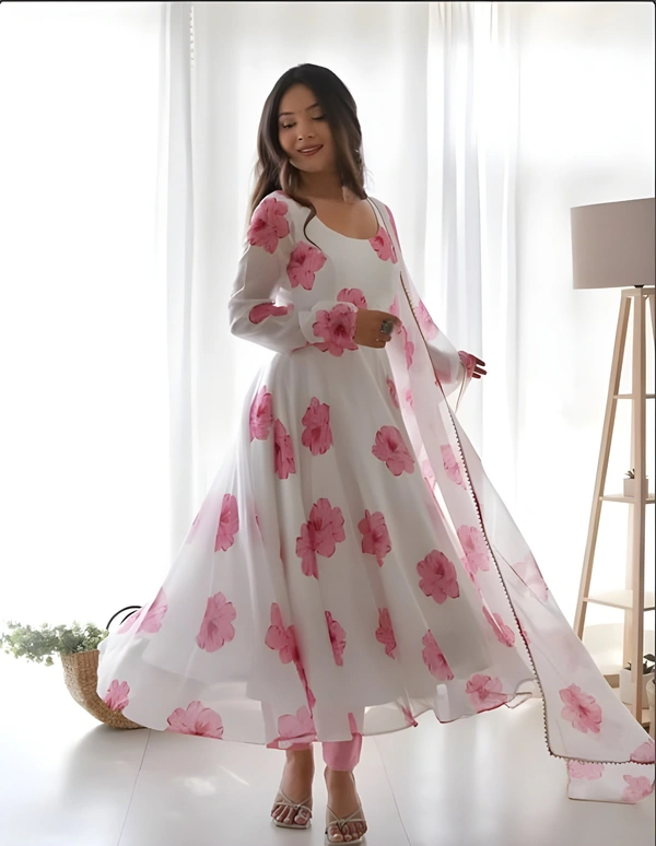 99 Fashion Bazaar Flaired Gown Set with Dupatta in Georgette Fabric - Wild Watermelon, XL