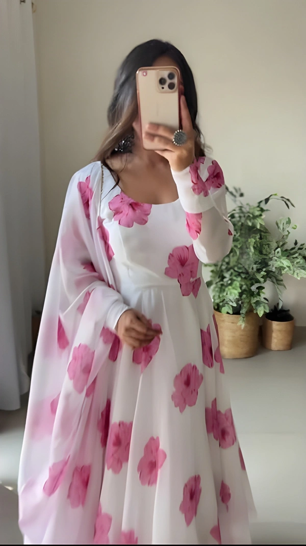 99 Fashion Bazaar Flaired Gown Set with Dupatta in Georgette Fabric - Wild Watermelon, XXL