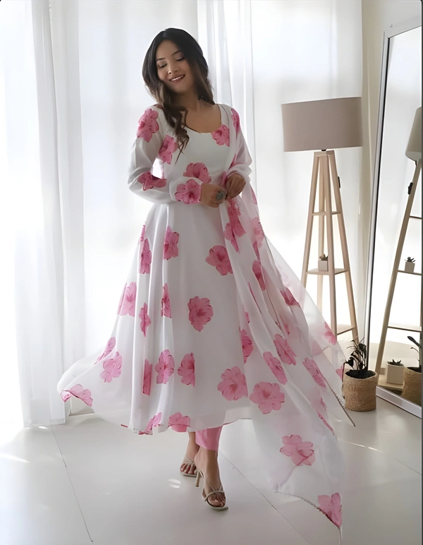 99 Fashion Bazaar Flaired Gown Set with Dupatta in Georgette Fabric - Wild Watermelon, XL