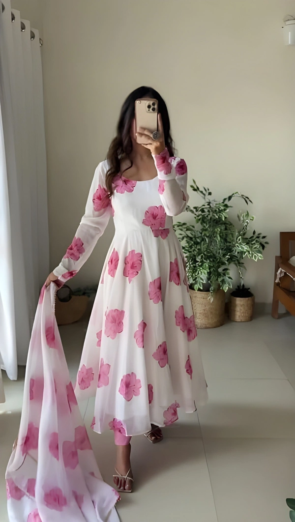 99 Fashion Bazaar Flaired Gown Set with Dupatta in Georgette Fabric - Wild Watermelon, XXL