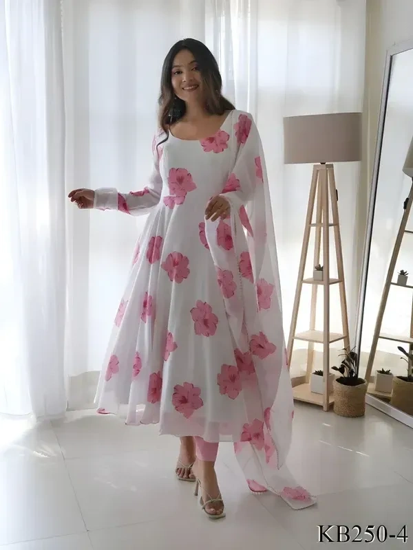 99 Fashion Bazaar Flaired Gown Set with Dupatta in Georgette Fabric - Wild Watermelon, XL