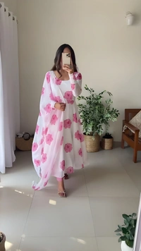99 Fashion Bazaar Flaired Gown Set with Dupatta in Georgette Fabric - Wild Watermelon, XXL
