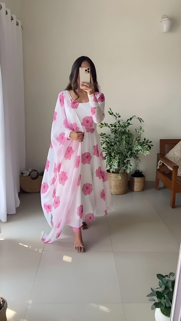 99 Fashion Bazaar Flaired Gown Set with Dupatta in Georgette Fabric - Wild Watermelon, XXL