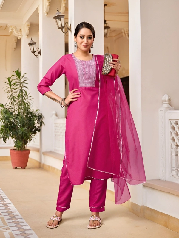 99 Fashion Bazaar Kurta Set with Dupatta in Cotton Fabric  - Magenta / Fuchsia, XL