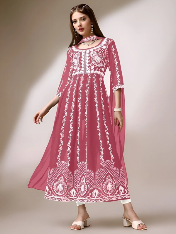 99 Fashion Bazaar Women's Chikankari Kurta with Dupatta Set - Sundown, M