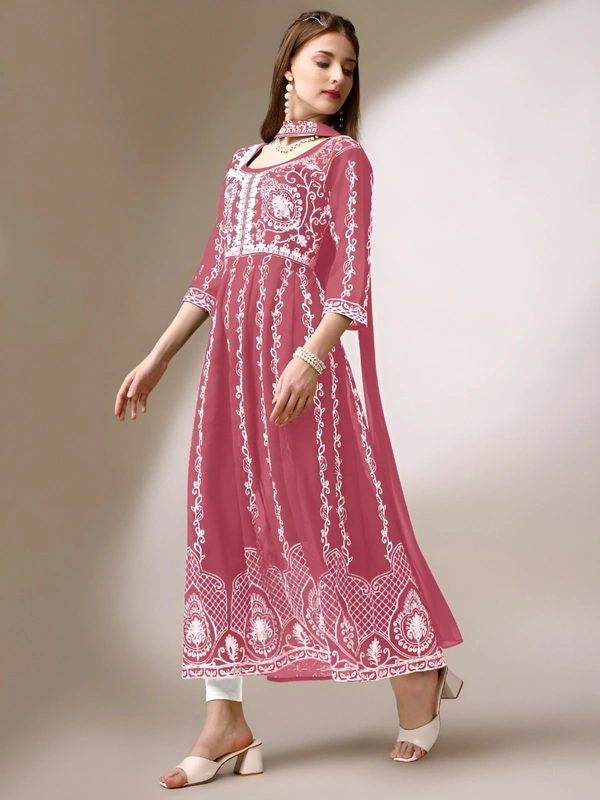 99 Fashion Bazaar Women's Chikankari Kurta with Dupatta Set - Sundown, M