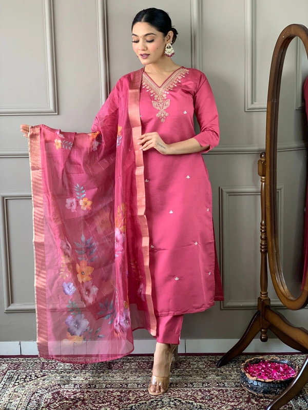 99 Fashion Bazaar Straight Kurti Set in Chanderi with Embroidery Neck Yoke and Printed Dupatta.  - Brick Red, XL