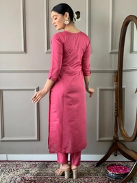 99 Fashion Bazaar Straight Kurti Set in Chanderi with Embroidery Neck Yoke and Printed Dupatta.  - Brick Red, XXL