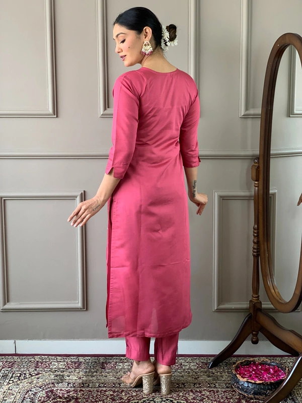 99 Fashion Bazaar Straight Kurti Set in Chanderi with Embroidery Neck Yoke and Printed Dupatta.  - Brick Red, XXL
