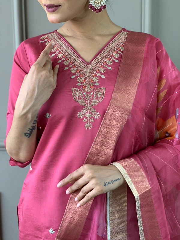 99 Fashion Bazaar Straight Kurti Set in Chanderi with Embroidery Neck Yoke and Printed Dupatta.  - Brick Red, XL