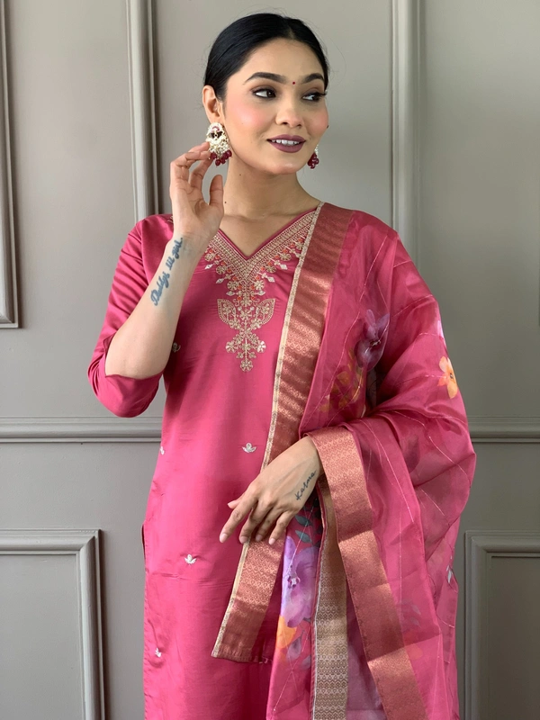 99 Fashion Bazaar Straight Kurti Set in Chanderi with Embroidery Neck Yoke and Printed Dupatta.  - Brick Red, XXL