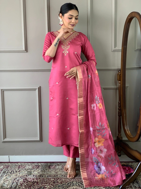 99 Fashion Bazaar Straight Kurti Set in Chanderi with Embroidery Neck Yoke and Printed Dupatta.  - Brick Red, S