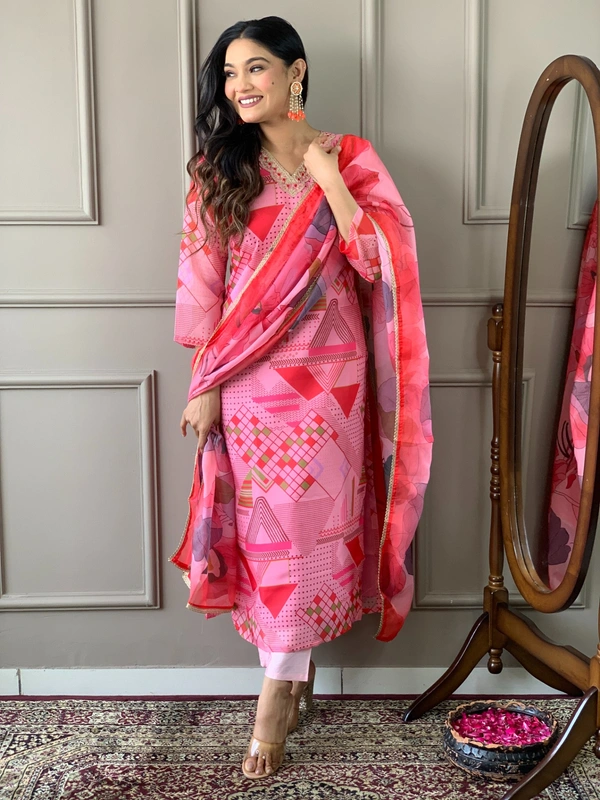 99 Fashion Bazaar Women's Straight Kurti Set in Printed Viscose Chanderi Fabric  - Cerise Red, S