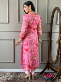 99 Fashion Bazaar Women's Straight Kurti Set in Printed Viscose Chanderi Fabric  - Cerise Red, S
