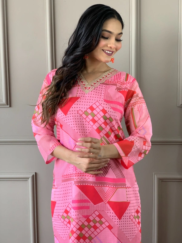 99 Fashion Bazaar Women's Straight Kurti Set in Printed Viscose Chanderi Fabric  - Cerise Red, S