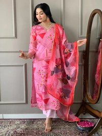 99 Fashion Bazaar Women's Straight Kurti Set in Printed Viscose Chanderi Fabric  - Cerise Red, S
