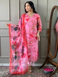 99 Fashion Bazaar Women's Straight Kurti Set in Printed Viscose Chanderi Fabric  - Cerise Red, S