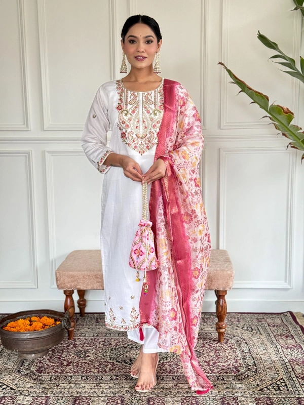 99 Fashion Bazaar Straight Kurti Emboridery Set in Viscose Chanderi Fabric with Printed Dupatta.  - Carissma, M