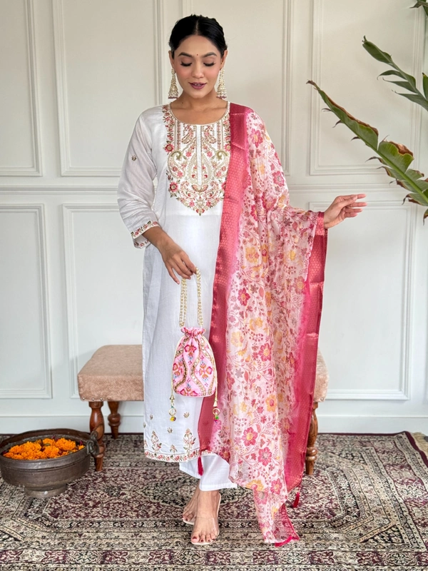 99 Fashion Bazaar Straight Kurti Emboridery Set in Viscose Chanderi Fabric with Printed Dupatta.  - Carissma, M