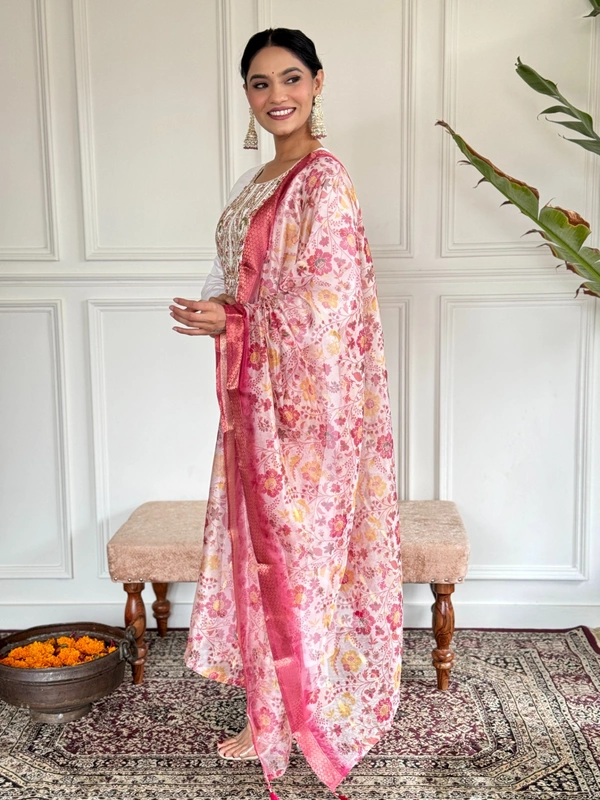 99 Fashion Bazaar Straight Kurti Emboridery Set in Viscose Chanderi Fabric with Printed Dupatta.  - Carissma, M